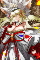 Rule 34 | 1girl, animal ear fluff, animal ears, beast iv:l, blonde hair, blood, blood on hands, breasts, cleavage, evil smile, extra ears, fate/grand order, fate (series), fox ears, fox girl, fox tail, fur-trimmed kimono, fur trim, hair ornament, hair over face, hand on own chest, highres, japanese clothes, kimono, koyanskaya (fate), koyanskaya (lostbelt beast:iv) (fate), large breasts, long hair, looking to the side, m0 chi, off shoulder, smile, solo, star (symbol), star hair ornament, tail, tamamo (fate), very long hair, white kimono, yellow eyes