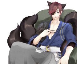 Rule 34 | 1boy, abs, absurdres, animal ears, armchair, blue eyes, blue shirt, brown hair, chair, commentary request, date masamune (sengoku basara), eyepatch, feet out of frame, grey pants, hair between eyes, hakama, hakama pants, highres, japanese clothes, lanmei jiang, long bangs, looking at viewer, male focus, multiple tails, open mouth, pants, sengoku basara, shirt, short hair, short sleeves, simple background, sitting, smile, solo, tail, textless version, toned, toned male, white background, wolf boy, wolf ears, wolf tail