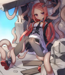 Rule 34 | 1girl, arms up, bad id, bad pixiv id, bike shorts, black thighhighs, blush, breasts, closers, highres, jacket, long hair, looking at viewer, luna aegis (closers), necktie, open clothes, open jacket, purple eyes, red hair, restrained, ruins, sitting, small breasts, solo, sweatdrop, tama (tamatamo), tentacle penis, tentacles, thigh strap, thighhighs, very long hair