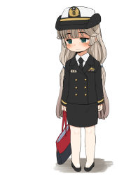 Rule 34 | 1girl, alternate costume, bag, black footwear, black jacket, black skirt, blue eyes, blush, buttons, closed mouth, harukaze unipo, hat, highres, holding, holding bag, jacket, kantai collection, light brown hair, long hair, long sleeves, low twintails, mikura (kancolle), military, military uniform, pencil skirt, shoes, simple background, skirt, solo, standing, twintails, uniform, white background
