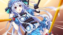 Rule 34 | 1girl, bdsm, bondage, bound, bow, breasts, fairy fencer f, frills, game cg, hairband, lolita hairband, long hair, looking at viewer, official art, open mouth, red eyes, restrained, ribbon, skirt, tiara (fairy fencer f), tsunako, white hair