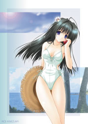 Rule 34 | 1girl, artist name, black hair, blue eyes, breasts, flower, hair flower, hair ornament, hat, kimizuka aoi, long hair, looking at viewer, one-piece swimsuit, palm tree, photo background, sky, solo, straw hat, swimsuit, thigh gap, tree, white one-piece swimsuit