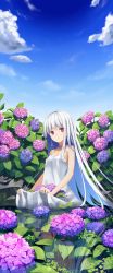 Rule 34 | 1girl, bare arms, bare shoulders, blue sky, blush, breasts, cloud, collarbone, commentary request, day, dress, flower, hair between eyes, highres, hydrangea, long hair, makadamixa, original, outdoors, parted lips, partially submerged, pink flower, purple flower, red eyes, silver hair, skirt basket, sky, sleeveless, sleeveless dress, small breasts, solo, very long hair, wading, water, white dress