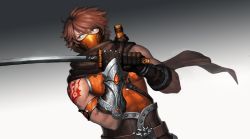 Rule 34 | 1boy, armband, armor, belt, brown gloves, brown hair, brown scarf, cain (gunnermul), gloves, gradient background, hair between eyes, holding, holding sword, holding weapon, male focus, mask, mouth mask, ninja, original, scabbard, scarf, sheath, shoulder tattoo, solo, sword, tattoo, unsheathed, weapon, yellow eyes