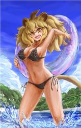 Rule 34 | 1girl, animal ears, arm up, armpits, bare arms, bare legs, bare shoulders, big hair, bikini, black bikini, blonde hair, breasts, cleavage, commentary request, day, evyngr, fang, feet out of frame, hair between eyes, halterneck, holding, innertube, kemono friends, lion (kemono friends), lion ears, lion tail, looking at viewer, medium breasts, navel, open mouth, orange eyes, outdoors, pool, side-tie bikini bottom, side-tie bottom, smile, solo, splashing, stomach, strap gap, swim ring, swimsuit, tail, teeth, upper teeth only, wading, water, wet