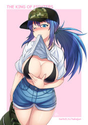 Rule 34 | 1girl, backpack, bag, bikini, bikini top only, bikini under clothes, black bikini, black bra, blue eyes, blue hair, blue shorts, blush, bra, breasts, camouflage, cleavage, clothes in mouth, clothes lift, copyright name, denim, denim shorts, green shorts, holding, holding bag, large breasts, leona heidern, mouth hold, one eye closed, outside border, pink background, shirt, shirt in mouth, shorts, snk, soldier, solo, sweatdrop, swimsuit, takejun, teeth hold, the king of fighters, thighs, underwear, watermark, web address, white shirt