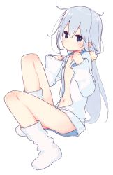 Rule 34 | 1girl, alternate hairstyle, blue eyes, closed eyes, hair between eyes, hair ornament, hibiki (kancolle), highres, jacket, kantai collection, long hair, long sleeves, naked jacket, navel, no bra, open clothes, open jacket, ponytail, silver hair, simple background, sitting, socks, solo, stomach, white background, white jacket, white socks, yoru nai