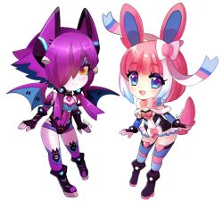 Rule 34 | 2girls, animal ears, bare shoulders, bat wings, blue eyes, blush, boots, breasts, chibi, cleavage, crobat, felicia-val, fingerless gloves, gloves, highres, makeup, multiple girls, personification, pink hair, pokemon, purple hair, ribbon, short hair, sylveon, tail, thighhighs, wings, yellow eyes
