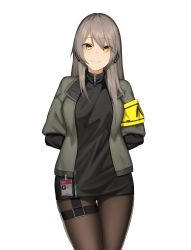 Rule 34 | 1girl, arms behind back, black ribbon, black shirt, breasts, cero (last2stage), german flag, girls&#039; frontline, green jacket, grey hair, gun, hair ribbon, highres, id card, jacket, large breasts, long hair, long sleeves, looking at viewer, magazine (weapon), military, open clothes, open jacket, pantyhose, radio, ribbon, shirt, simple background, smile, solo, submachine gun, suppressor, ump40 (girls&#039; frontline), weapon, white background, yellow eyes