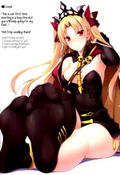 Rule 34 | 1girl, anklet, areola slip, asymmetrical legwear, averting eyes, bare legs, bare shoulders, barefoot, black dress, black legwear, blonde hair, blush, bow, breasts, cape, cleavage, covered erect nipples, crossed legs, detached collar, detached sleeves, dress, earrings, ereshkigal (fate), fate/grand order, fate (series), feet, foot focus, frown, hair bow, hand in own hair, hard-translated, highres, hoop earrings, jewelry, legs, long hair, medium breasts, necklace, parted bangs, red cape, red eyes, ruton-niki, shiny skin, simple background, sitting, skull necklace, socks, solo, spine, sweat, third-party edit, tiara, toes, translated, twintails, two side up, uneven legwear, white background