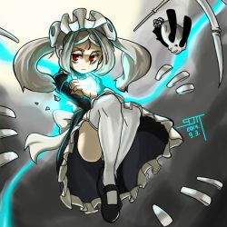 Rule 34 | 1girl, apron, bloody marie (skullgirls), blue fire, female focus, fire, floating, full body, grey hair, hair ornament, hugging own legs, lakilolom, lying, maid, maid apron, maid headdress, mary janes, pale skin, panties, pantyshot, parted bangs, red eyes, shoes, short hair, skull-shaped pupils, skull hair ornament, skull heart, skullgirls, solo, som, symbol-shaped pupils, thighhighs, twintails, underwear, upskirt, white thighhighs