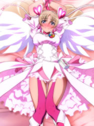 Rule 34 | 1girl, angel wings, aquila yuna, arms up, blonde hair, blue eyes, blush, boots, bow, brooch, choker, closed mouth, cosplay, cowboy shot, cure peach, cure peach (angel), cure peach (cosplay), dress, dress bow, earrings, embarrassed, fresh precure!, hair ornament, heart, heart earrings, heart hair ornament, jewelry, knee boots, knees together feet apart, long hair, looking at viewer, lying, magical girl, on back, petticoat, pink choker, pink thighhighs, pouch, precure, saint seiya, saint seiya omega, short dress, solo, split mouth, thighhighs, twintails, white dress, white footwear, white wings, wings, yadokari genpachirou