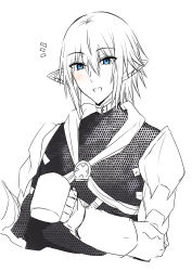 Rule 34 | 1boy, :d, armor, blue eyes, blush, chainmail, cropped torso, cup, ear piercing, final fantasy, final fantasy xiv, gloves, hair between eyes, haurchefant greystone, highres, holding, holding cup, kinona, looking at viewer, male focus, monochrome, mug, notice lines, open mouth, pauldrons, piercing, pointy ears, shoulder armor, simple background, smile, solo, upper body, white background