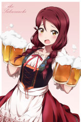 Rule 34 | 1girl, :o, alcohol, alternate costume, apron, beer, beer mug, blush, braid, brown eyes, character name, collarbone, cup, dirndl, dress, drink, floral print, frilled shirt, frills, german clothes, gradient background, hair ornament, hairclip, highres, long hair, looking at viewer, love live!, love live! school idol festival, love live! sunshine!!, mug, open mouth, pink background, red dress, red ribbon, ribbon, sakurauchi riko, shiimai, shirt, short sleeves, solo, tareme, twin braids, waist apron, white apron, white shirt