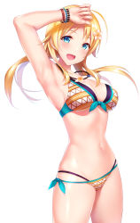 Rule 34 | 1girl, armpits, bad id, bad pixiv id, bead bracelet, bead necklace, beads, bikini, blonde hair, blue eyes, bracelet, breasts, cleavage, cocona, commentary request, cowboy shot, flower, front-tie bikini top, front-tie top, hachimiya meguru, hair flower, hair ornament, highres, idolmaster, idolmaster shiny colors, jewelry, large breasts, long hair, navel, necklace, open mouth, parted bangs, side-tie bikini bottom, sidelocks, solo, standing, swimsuit
