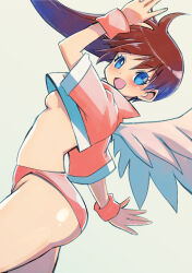 Rule 34 | 1girl, :d, absurdres, astra super stars, blue eyes, breasts, brown hair, cropped shirt, eyelashes, highres, long hair, looking at viewer, maron (astra super stars), muramasa mikado, open mouth, panties, pink panties, pink shirt, pink wristband, shirt, short sleeves, simple background, small breasts, smile, solo, thighs, two-tone shirt, underboob, underwear, white background, white shirt, white wings, wings, wristband