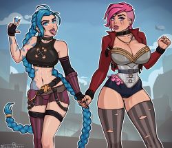 Rule 34 | 2girls, abs, absurdres, arcane: league of legends, blue eyes, blue hair, breasts, female focus, highres, jacket, jinx (league of legends), large breasts, league of legends, long glove, long hair, looking at viewer, multiple girls, piercing, pink hair, purple eyes, shadowboxer, short hair, siblings, sisters, tattoo, thighhighs, tongue, tongue out, very long hair, vi (league of legends)