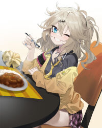 Rule 34 | 1girl, bandaid, bandaid on clothes, black shirt, blue eyes, blue nails, cardigan, chair, collarbone, curry, curry rice, fingernails, food, hair ornament, highres, holding, holding spoon, jacket, jewelry, kasukabe tsumugi, long hair, looking at viewer, loose necktie, necklace, necktie, off shoulder, one eye closed, one side up, open cardigan, open clothes, open jacket, plaid, plaid skirt, plate, rice, shirt, sitting, skirt, smile, solo, spoon, table, teeth, unworn scrunchie, voicevox, yappen, yellow cardigan, yellow jacket, yellow necktie