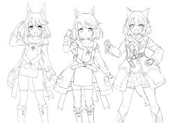 Rule 34 | 1girl, :d, absurdres, amane rosylily, animal ear fluff, animal ears, blush, boots, closed mouth, coat, collarbone, commentary request, criss-cross halter, detached collar, dress, fang, fingerless gloves, fox ears, fox girl, fox tail, frilled dress, frills, gloves, greyscale, halterneck, hand on own hip, highres, knee boots, long sleeves, looking at viewer, monochrome, multiple views, open clothes, open coat, open mouth, original, sekira ame, simple background, smile, standing, tail, thighhighs, thighhighs under boots, white background