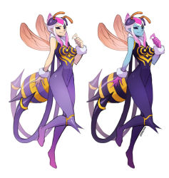 Rule 34 | 1girl, bare shoulders, bee costume, black sclera, bodysuit, breasts, colored sclera, colored skin, cosplay, evelynn (league of legends), full body, fur trim, grey hair, grey skin, hand up, league of legends, long hair, looking at viewer, medium breasts, medium hair, pink hair, purple bodysuit, q-bee, q-bee (cosplay), smile, vampire (game), vmat