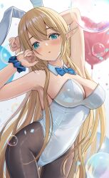 Rule 34 | 1girl, animal ears, balloon, black pantyhose, blonde hair, blue bow, blue bowtie, blue eyes, blue scrunchie, bow, bowtie, breasts, cleavage, commentary request, detached collar, elf, heart balloon, highleg, highleg leotard, highres, large breasts, leotard, long hair, looking at viewer, may9, medium breasts, original, pantyhose, partial commentary, playboy bunny, pointy ears, rabbit ears, scrunchie, simple background, solo, strapless, strapless leotard, white background, white leotard, wrist scrunchie