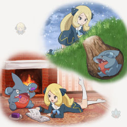 Rule 34 | 1girl, :d, ^ ^, absurdres, aged down, black dress, blonde hair, blue ribbon, book, closed eyes, commentary request, creatures (company), cynthia (pokemon), dress, eating, eyelashes, fire, fireplace, fire, food, game freak, gen 4 pokemon, gible, grass, grey eyes, hair ribbon, highres, holding, holding skewer, hole, leg up, long hair, long sleeves, lying, neck ribbon, nintendo, on stomach, open mouth, plate, pokemoa, pokemon, pokemon (anime), pokemon (creature), pokemon journeys, reading, ribbon, rug, skewer, smile, snowing, socks, sprite, tongue, white socks