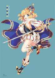 Rule 34 | 1girl, absurdres, armpits, black tube top, blonde hair, blouse, blue background, blue eyes, crown, detached sleeves, full body, highres, holding, holding sword, holding weapon, long sleeves, looking at viewer, nardack, open mouth, original, scan, shirt, short hair, simple background, smile, solo, standing, standing on one leg, strapless, sword, tube top, v-shaped eyebrows, weapon, white shirt