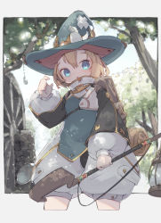 Rule 34 | 1girl, absurdres, backpack, bag, blonde hair, blue eyes, blue hat, blush, border, dappled sunlight, fantasy, female focus, hat, highres, lantern, looking at viewer, nature, nep (nep 76), original, outdoors, puffy shorts, puffy sleeves, short hair, shorts, solo, staff, sunlight, tree, white border, wizard hat