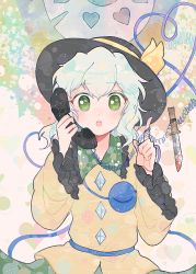 Rule 34 | 1girl, :o, black hat, blood, bloody knife, blouse, blush, buttons, commentary request, corded phone, diamond button, frilled shirt collar, frilled sleeves, frills, green eyes, green hair, green skirt, hat, hat ribbon, heart, heart of string, highres, holding, holding phone, itomugi-kun, knife, komeiji koishi, long sleeves, looking at viewer, medium hair, open mouth, partial commentary, phone, ribbon, shirt, skirt, solo, teeth, third eye, touhou, upper body, upper teeth only, wavy hair, wide sleeves, yellow ribbon, yellow shirt