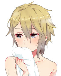 Rule 34 | 1girl, ange (princess principal), bad id, bad pixiv id, blonde hair, blue eyes, blush, collarbone, covered mouth, gradient hair, grey hair, hair between eyes, holding, holding towel, multicolored hair, nude, princess principal, simple background, solo, sorimachi-doufu, towel, wet, white background
