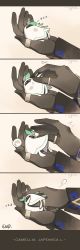 Rule 34 | 1boy, artist name, barbatos (genshin impact), black gloves, commentary, english commentary, genshin impact, gloves, hand focus, highres, holding, in palm, letterboxed, pinaster7575, rex lapis (genshin impact), sigh, sleeping, solo, spoken character, thumb ring, wisp, zhongli (genshin impact), zzz
