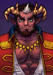 Rule 34 | 1boy, abs, animal ears, another eidos-r, bara, beard, brown hair, bulge, coat, colored skin, curled horns, demon boy, facial hair, full beard, horns, horse boy, horse ears, huge eyebrows, jewelry, large pectorals, looking ahead, male focus, mature male, monster boy, multicolored hair, multiple horns, muscular, muscular male, navel, navel hair, necklace, nipples, pectorals, pencil mustache, pink skin, short hair, sideburns, solo, stalon (another eidos), stomach, streaked hair, thick beard, thick thighs, thighs, topless male, tosyo510, tusks, upper body, very hairy, white hair, yellow horns