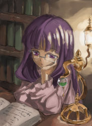 Rule 34 | 1girl, bespectacled, book, female focus, glasses, indoors, patchouli knowledge, purple eyes, purple hair, sitting, solo, touhou, yohane
