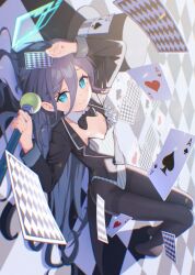Rule 34 | 1girl, absurdly long hair, absurdres, aris (blue archive), black bow, black hair, black pantyhose, blue archive, blue eyes, blue halo, blush, bow, breasts, card, checkered floor, closed mouth, detached collar, halo, highres, long hair, long sleeves, looking at viewer, lying, on back, pantyhose, ringed eyes, small breasts, smile, solo, supersugar, very long hair