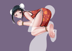 Rule 34 | 1girl, absurdres, ass, barefoot, bdsm, black hair, bondage, bound, bound ankles, bound wrists, chinese clothes, double bun, dress, eden&#039;s zero, feet, gagged, hair bun, highres, legs, looking at viewer, purple background, red eyes, soles, thighs, tickling, toes, xiaomei (eden&#039;s zero)