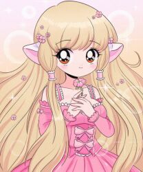 Rule 34 | 1990s (style), 1girl, absurdres, android, blonde hair, blush, bow, breasts, brown eyes, bubble background, chellyko, chii, chobits, collarbone, detached sleeves, dress, flower, hair flower, hair ornament, hair tubes, highres, holding, long hair, long sleeves, looking at viewer, medium breasts, pink background, pink bow, pink dress, retro artstyle, robot, robot ears, sleeveless, sleeveless dress, smile, sparkle, standing, two-tone background, yellow background