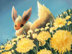 Rule 34 | commentary request, creatures (company), day, flareon, flower, game freak, gen 1 pokemon, grass, green eyes, looking at viewer, looking back, momomo12, nintendo, outdoors, pokemon, signature, yellow flower, yellow fur