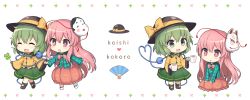 Rule 34 | 2girls, :d, :o, ^ ^, bow, bubble skirt, character name, chibi, closed eyes, clover, commentary request, cup, expressionless, eyeball, closed eyes, folding fan, four-leaf clover, fox mask, frilled sleeves, frills, green eyes, green hair, hand fan, hat, hat bow, hat ribbon, hata no kokoro, heart, heart of string, highres, holding, holding hands, komeiji koishi, long hair, long sleeves, mask, mask on head, mouth mask, mug, multiple girls, noh mask, open mouth, pink eyes, pink hair, plaid, plaid shirt, ribbon, shirt, short hair, sitting, skirt, smile, string, third eye, touhou, wide sleeves, yada (xxxadaman)
