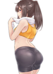 Rule 34 | 1girl, absurdres, akizuki (kancolle), ass, bike shorts, black hair, blush, breasts, grey eyes, highres, kantai collection, kiritto, long hair, medium breasts, open mouth, ponytail, profile, simple background, solo, sweat, tank top, towel, towel around neck, white background