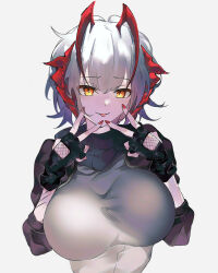 Rule 34 | 1girl, :p, antennae, arknights, black gloves, black scarf, breasts, demon girl, demon horns, double v, fingerless gloves, gloves, grey hair, grey shirt, hands up, highres, horns, impossible clothes, impossible shirt, large breasts, pareorepa, red nails, scar, scar on arm, scarf, shirt, short hair, simple background, solo, tongue, tongue out, upper body, v, w (arknights), white background, yellow eyes