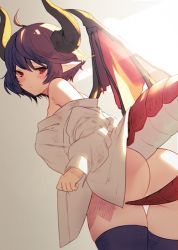 Rule 34 | 1girl, ass, blush, dragon horns, dragon tail, dragon wings, dress shirt, from behind, from below, grea (shingeki no bahamut), grey background, horns, leaning forward, looking back, manaria friends, nido celisius, no pants, off shoulder, open clothes, open shirt, pointy ears, purple hair, red eyes, shingeki no bahamut, shingeki no bahamut: manaria friends, shirt, short hair, solo, sunlight, tail, tail censor, thigh gap, thighhighs, wings