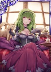 Rule 34 | 1girl, akkijin, black gloves, breasts, card (medium), cat, chair, cup, curtains, dress, gloves, green hair, hair ornament, hand fan, holding, holding fan, indoors, large breasts, long hair, looking at viewer, official art, purple dress, red eyes, shinkai no valkyrie, sitting, teacup, window