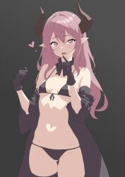 Rule 34 | 1girl, absurdres, bare shoulders, bikini, black bikini, black gloves, blush, breasts, commentary request, demon girl, demon horns, detached collar, fang, front-tie bikini top, front-tie top, gloves, highres, horns, long hair, looking at viewer, navel, off shoulder, open mouth, original, pointy ears, purple eyes, purple hair, scalari126, simple background, small breasts, solo, stomach, swimsuit, thighhighs, thighs
