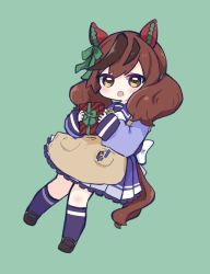 Rule 34 | 1girl, :o, animal ears, apron, black footwear, blue shirt, blush, bow, box, brown apron, brown eyes, brown hair, chibi, commentary request, ear bow, full body, gift, gift box, green background, green bow, highres, holding, holding gift, horse ears, horse girl, horse tail, knees together feet apart, loafers, long sleeves, looking at viewer, multicolored hair, nice nature (umamusume), nozo (hitomiz), open mouth, pleated skirt, puffy long sleeves, puffy sleeves, purple skirt, purple socks, school uniform, shirt, shoes, simple background, skirt, sleeves past wrists, socks, solo, streaked hair, tail, tokai teio (umamusume), tracen school uniform, twintails, umamusume, white bow