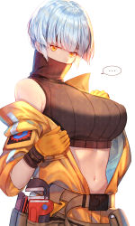 Rule 34 | ..., 1girl, absurdres, armpit crease, belt, belt pouch, black headband, black survival, blue hair, blunt bangs, blunt ends, breasts, celine marie noel, commentary, covered mouth, crop top, english commentary, gevjon, gloves, headband, highres, jumpsuit, large breasts, looking at viewer, navel, off shoulder, open clothes, orange gloves, orange jumpsuit, pouch, screwdriver, short hair, simple background, solo, speech bubble, stomach, turtleneck, white background, wrench, yellow eyes