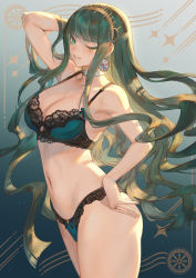 Rule 34 | 1girl, animal ears, aqua eyes, arm behind head, arm up, belt buckle, bra, breasts, buckle, choker, cleopatra (fate), eyeliner, fate/grand order, fate (series), gold hairband, green bra, green eyes, green hair, green panties, hairband, hand on own hip, highres, jewelry, large breasts, lingerie, long hair, looking at viewer, makeup, mashuu (neko no oyashiro), navel, one eye closed, panties, parted lips, ring, smile, solo, stomach, underwear, underwear only, very long hair, wavy hair