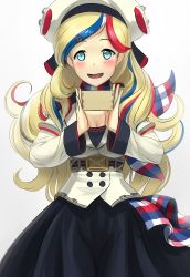 Rule 34 | 10s, 1girl, ao iro, belt, belt buckle, beret, black skirt, blonde hair, blue eyes, blue hair, box, buckle, buttons, commandant teste (kancolle), double-breasted, facing viewer, hat, highres, kantai collection, long hair, long skirt, multicolored clothes, multicolored hair, multicolored scarf, open mouth, pom pom (clothes), red hair, scarf, setsubun, skirt, streaked hair, white hair