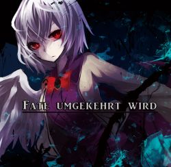 Rule 34 | 1girl, album cover, bow, bowtie, brooch, commentary request, cover, dress, expressionless, feathered wings, german text, glowing, glowing eyes, highres, jacket, jewelry, kishin sagume, looking at viewer, mirimo, purple dress, ranguage, red eyes, short hair, silver hair, single wing, solo, touhou, upper body, wings