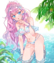 Rule 34 | 1girl, bare legs, bikini, blue bikini, blue eyes, blurry, blurry foreground, bracelet, breasts, cleavage, collarbone, earrings, groin, hibarisann, highres, jewelry, laura la mer, leaning to the side, long hair, looking at viewer, medium breasts, navel, parted lips, pink hair, precure, shell, shell earrings, solo, starfish hair ornament, swimsuit, tropical-rouge! precure, very long hair