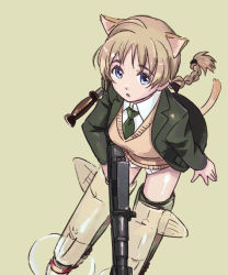 Rule 34 | 1girl, aida yuu, animal ears, blue eyes, braid, breasts, brown hair, cat ears, cat tail, gun, long hair, lynette bishop, medium breasts, military, military uniform, open mouth, single braid, solo, strike witches, striker unit, tail, uniform, weapon, world witches series